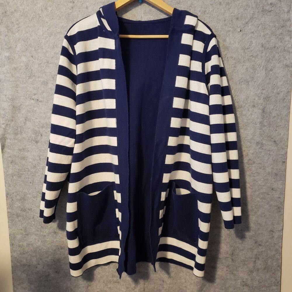 CHICOS Top & Reversible Sweater LARGE BLUE Jacket 2 Pc Pockets Hood -small flaw*